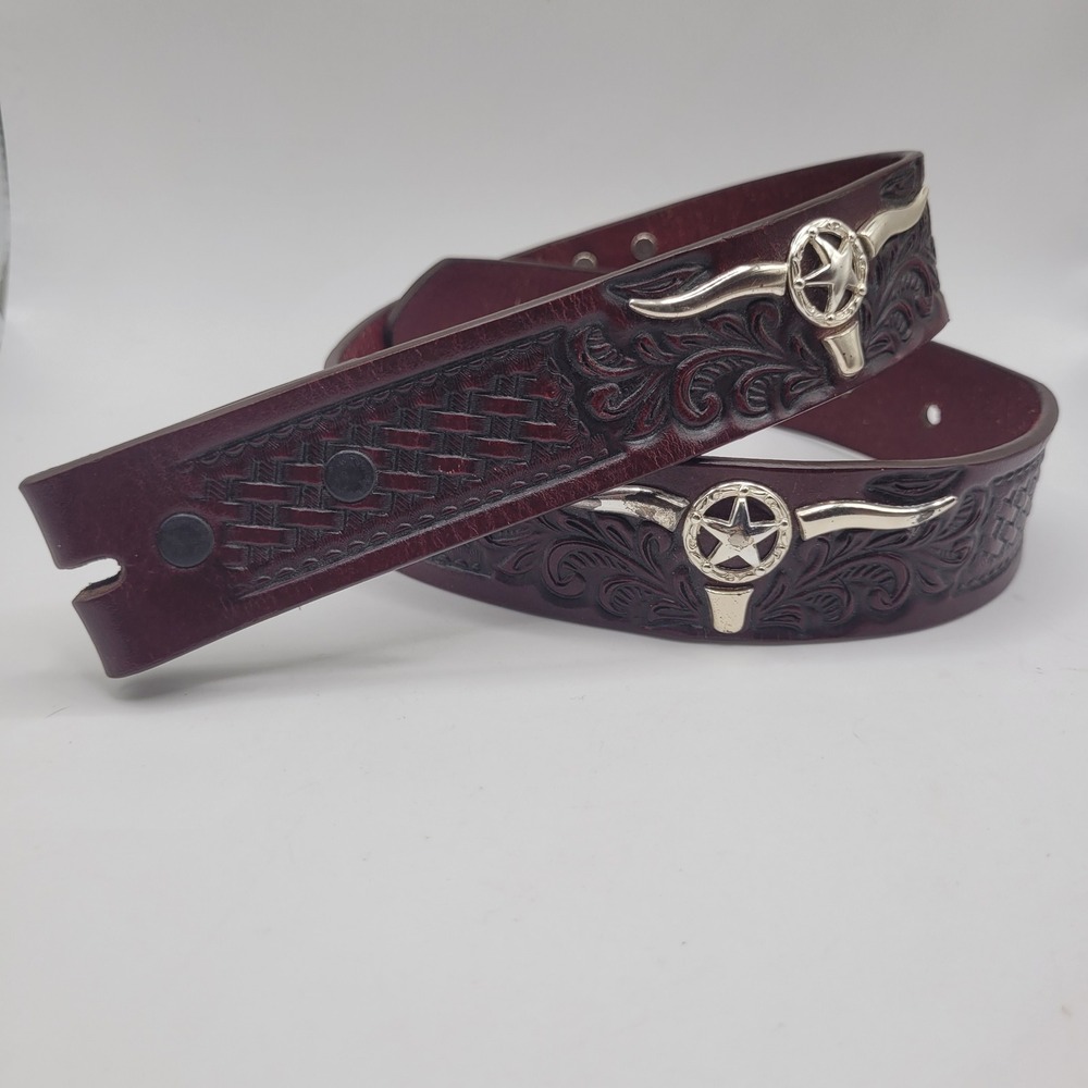 Tony Lama Belt 26 Burgundy Leather Tooled Longhorn Star Concho C60124